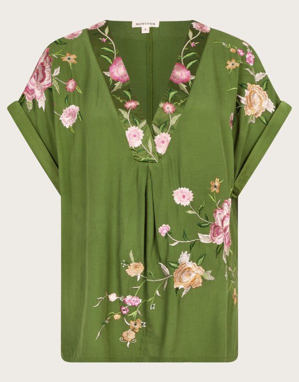 Monsoon Alice Floral Embroidered V-Neck Blouse Green - Image 5