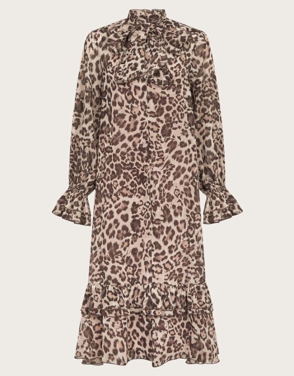 Monsoon Allegra Pussybow Leopard Print Midi Dress Brown - Image 6