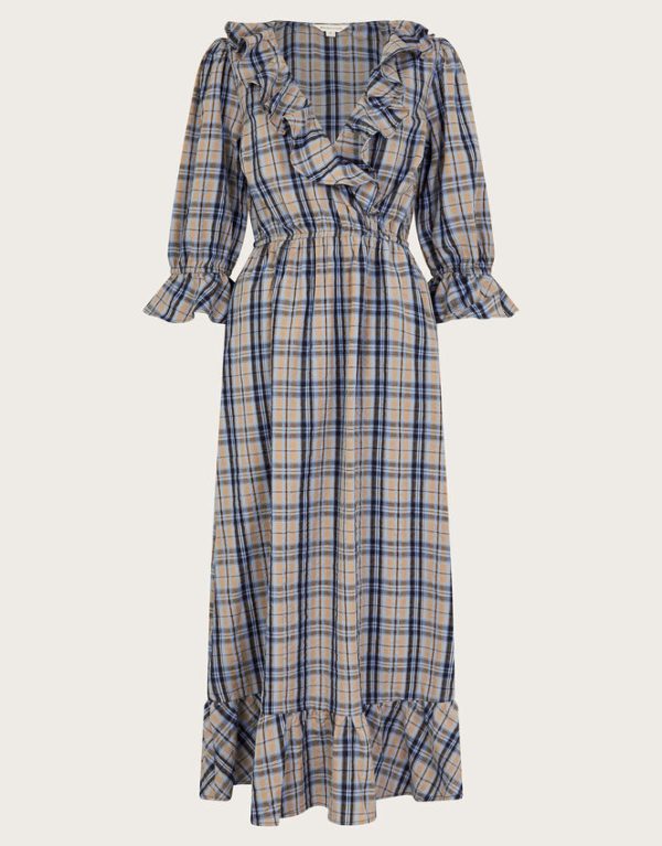 Monsoon Daisy Check V-Neck Midi Dress Natural - Image 6