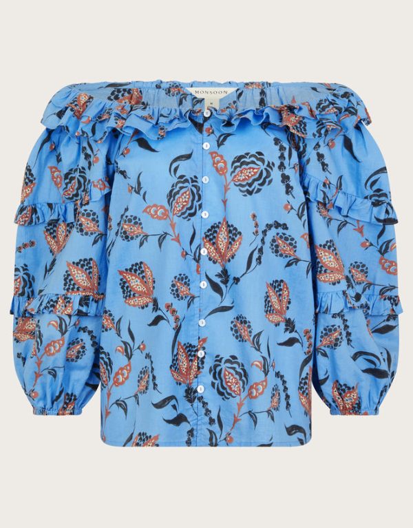 Monsoon Clara Floral Frill Blouse Blue - Image 6