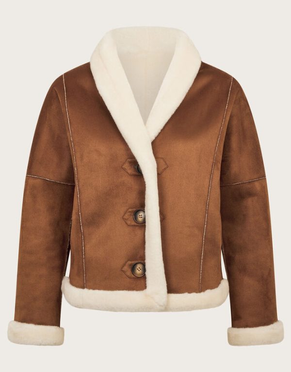 Monsoon Jojo Reversible Faux Shearling Jacket Tan - Image 6