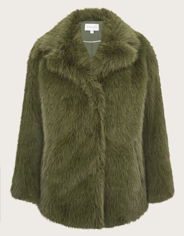 Monsoon Felixa Faux Fur Coat Green - Image 5