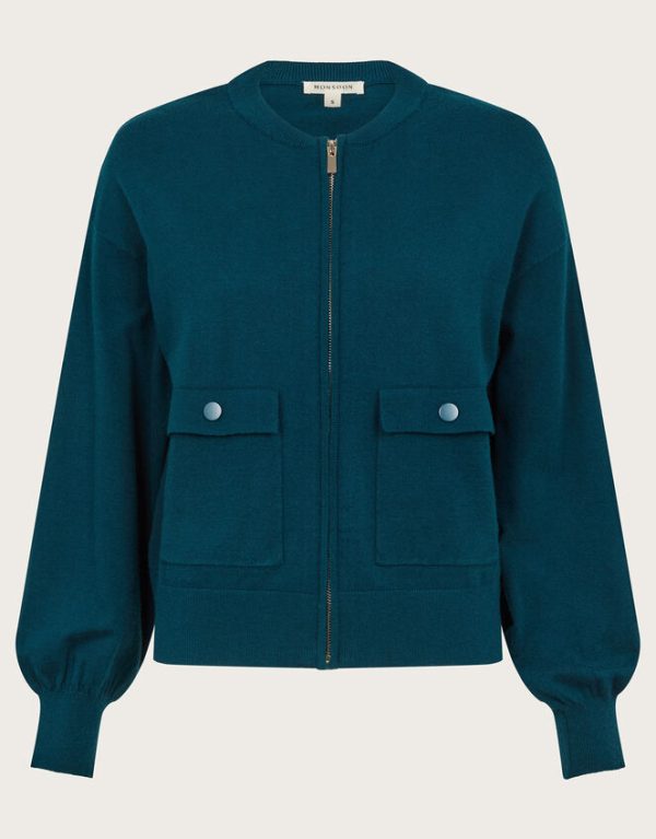 Monsoon Nora Knit Bomber Jacket Teal - Image 6