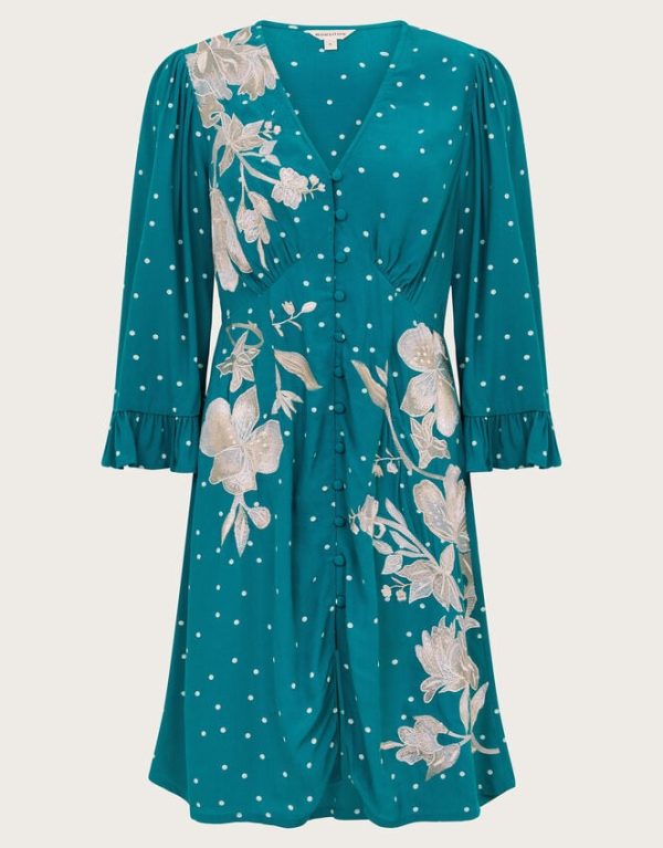 Monsoon Clea Spot Print Embroidered Dress Teal - Image 6