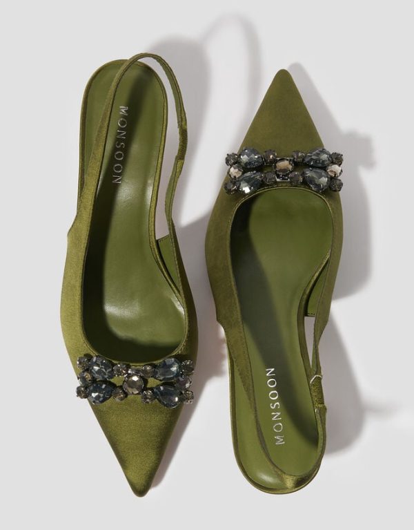 Monsoon Tara Embellished Slingback Kitten Heels Green