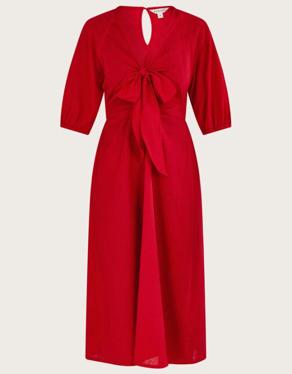 Monsoon Inez Plain Tie Front Midi Dress Red - Image 5