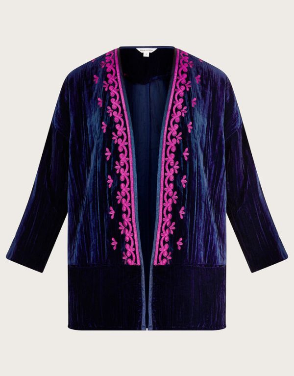 Monsoon Leah Embroidered Velvet Kimono Blue - Image 5