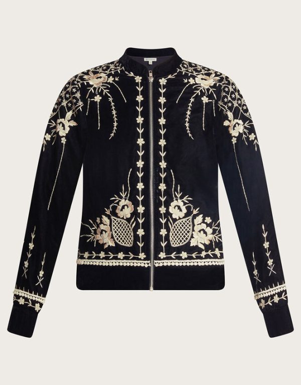 Monsoon Hadley Embroidered Velvet Bomber Jacket Black - Image 5