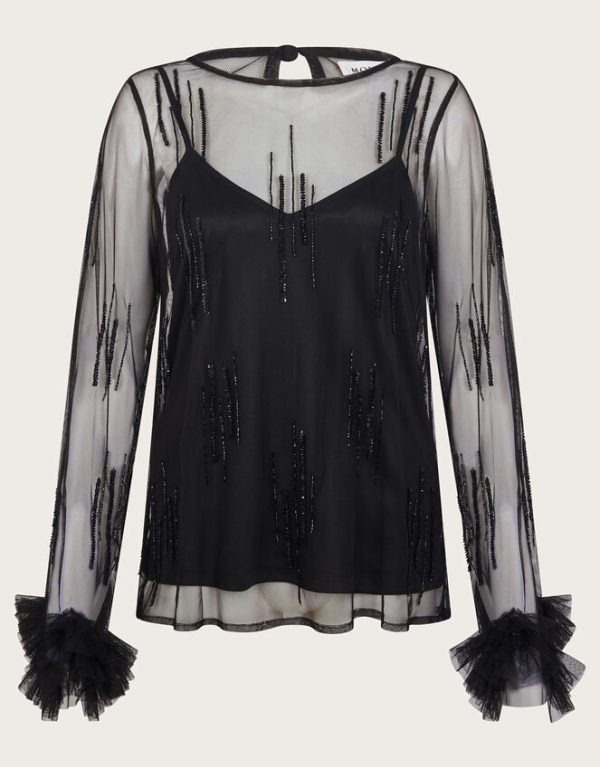 Monsoon Carmen Sheer Sequin Corsage Top Black - Image 5