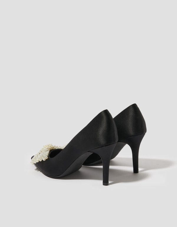 Monsoon Pearl Bow Satin Court Shoes Black - Image 3