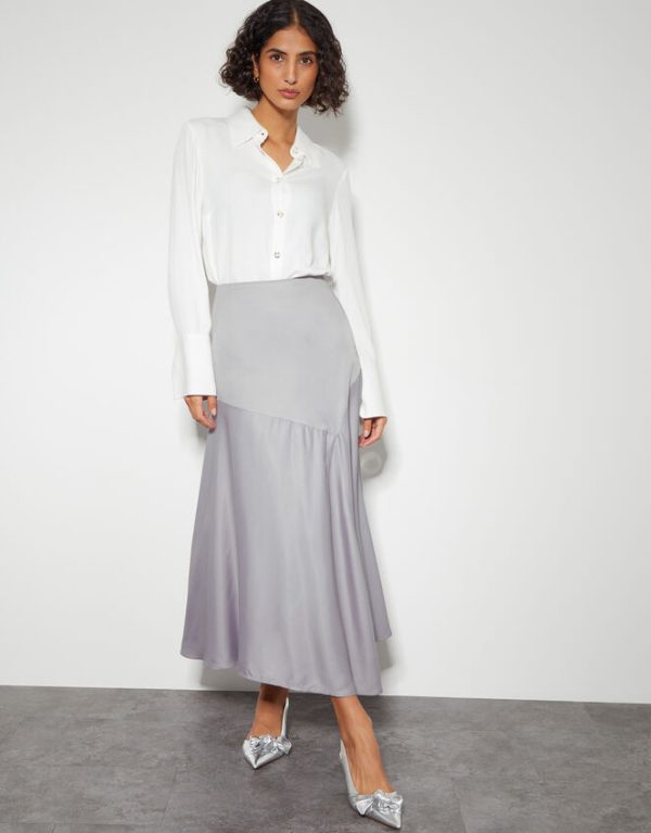 Monsoon Fran Flared Satin Skirt Silver