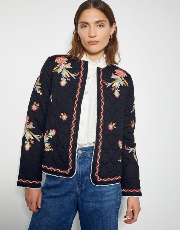 Monsoon Elisha Floral Embroidered Quilted Jacket Black