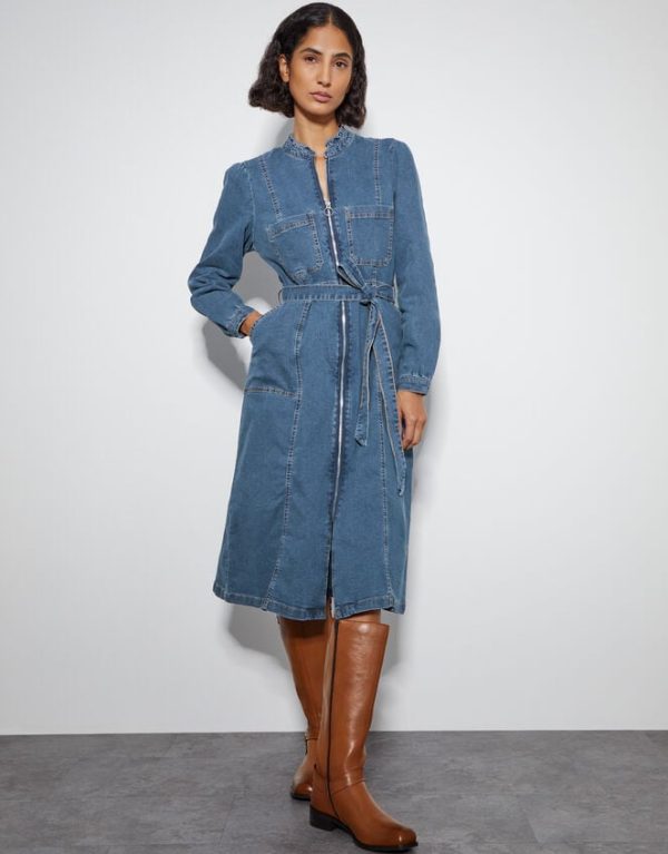 Monsoon Izzy Long Sleeve Denim Zip Midi Dress Blue