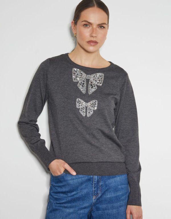 Monsoon Di Sequin Bow Crew Neck Jumper Grey