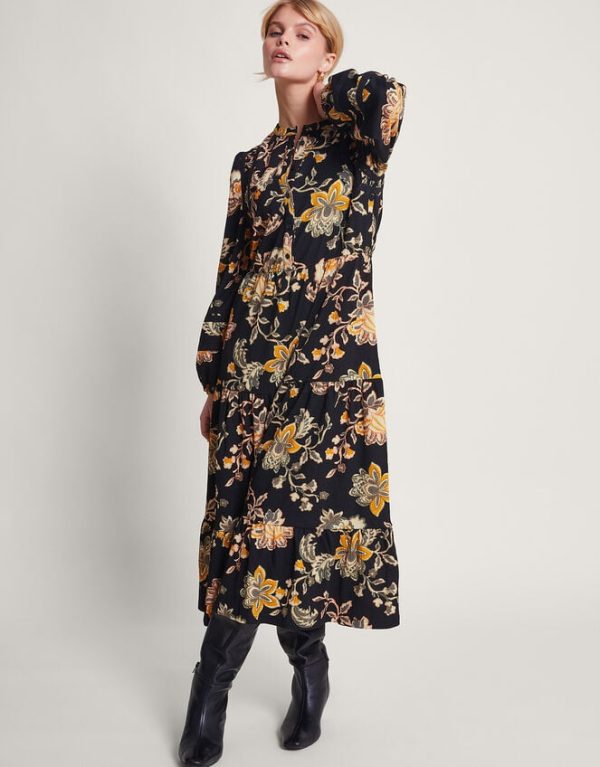 Monsoon Juliet Floral Midi Shirt Dress Black