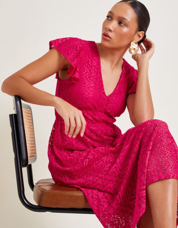 Monsoon Lo Lace Jersey Ruffle Dress Pink