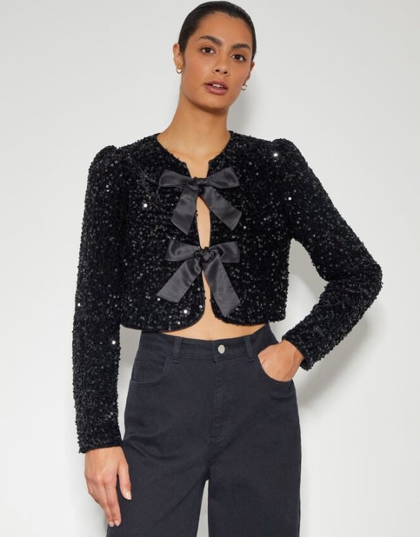 Monsoon Belinda Bow Sequin Jacket Black