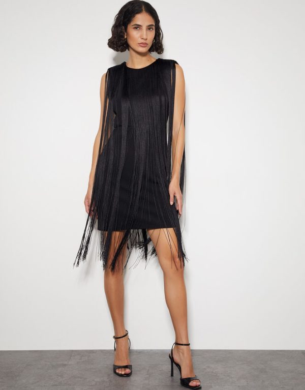 Monsoon Tara Sleeveless Fringe Mini Dress Black