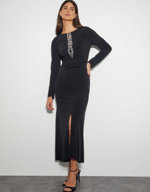 Monsoon Tess Embellished Trim Jersey Dress Black