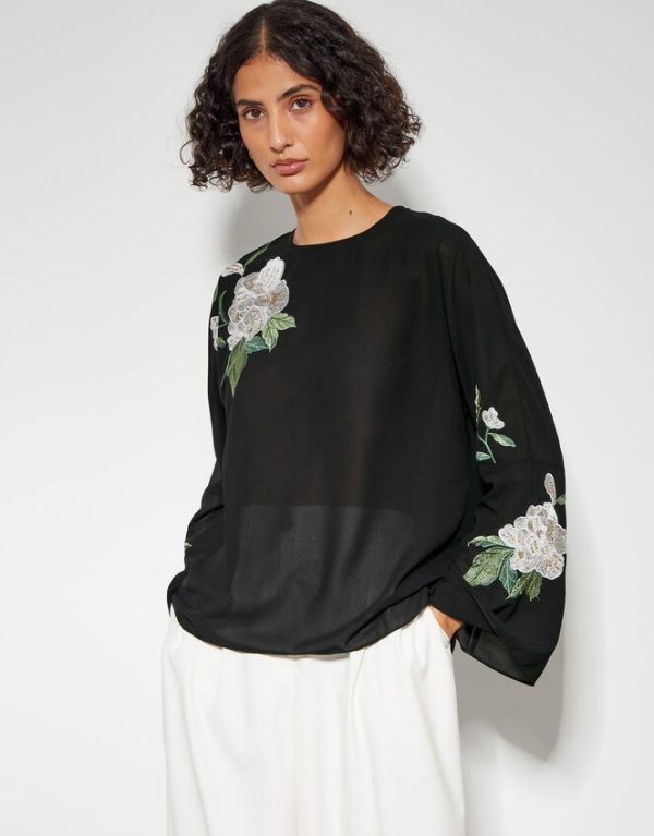 Monsoon Ariah Floral Satin Blouse Black