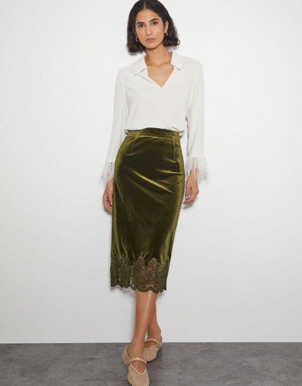 Monsoon Andi Velvet Lace Pencil Skirt Green