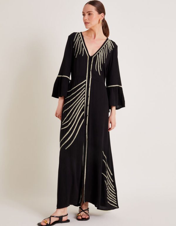 Monsoon Cali Embroidered Leaf Kaftan Dress Black - Image 2