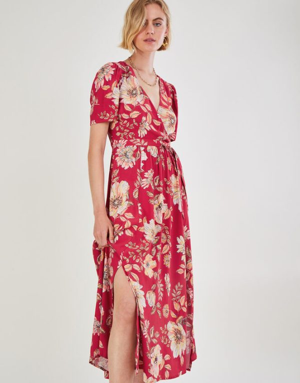 Monsoon Bex Sequin Floral Wrap Dress Red - Image 2