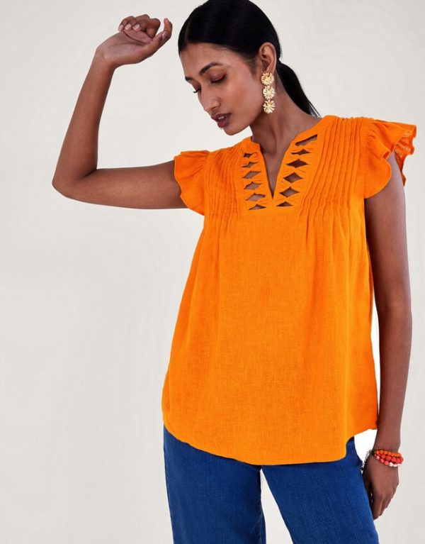 Monsoon Flutter Sleeve Neck Detail Top in Linen Blend Orange