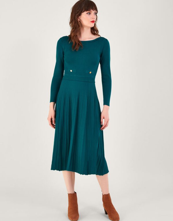 Monsoon Pleat Trim Slash Neck Midi Dress with Lenzing™ Ecovero™