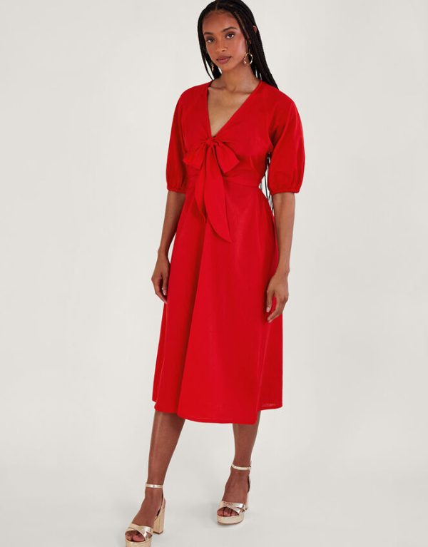 Monsoon Inez Plain Tie Front Midi Dress Red