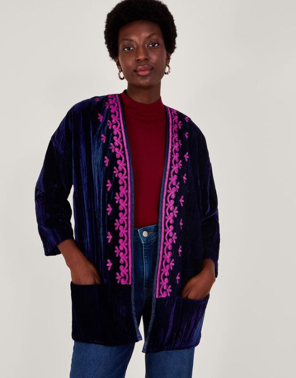 Monsoon Leah Embroidered Velvet Kimono Blue