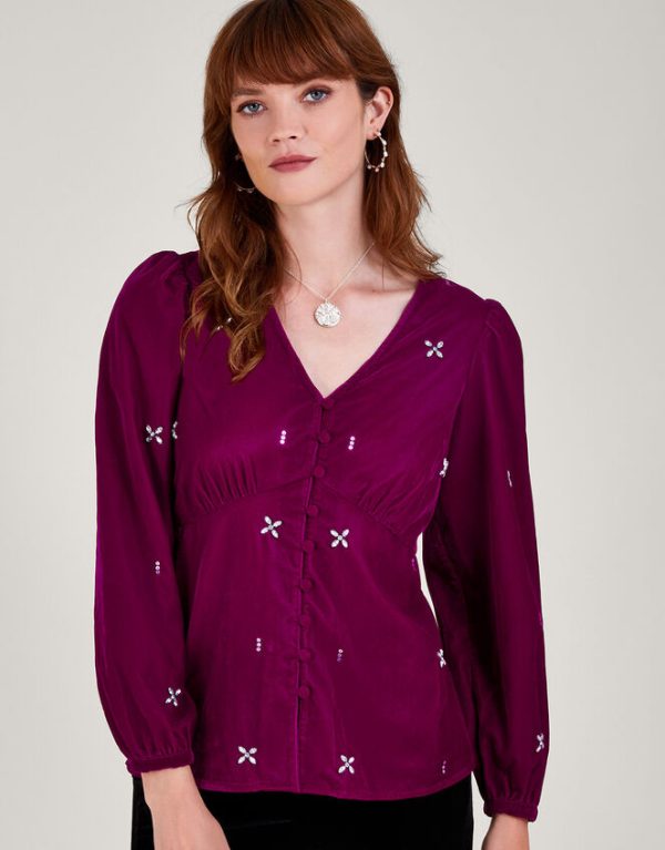 Monsoon Carola Embellished Velvet Blouse Pink