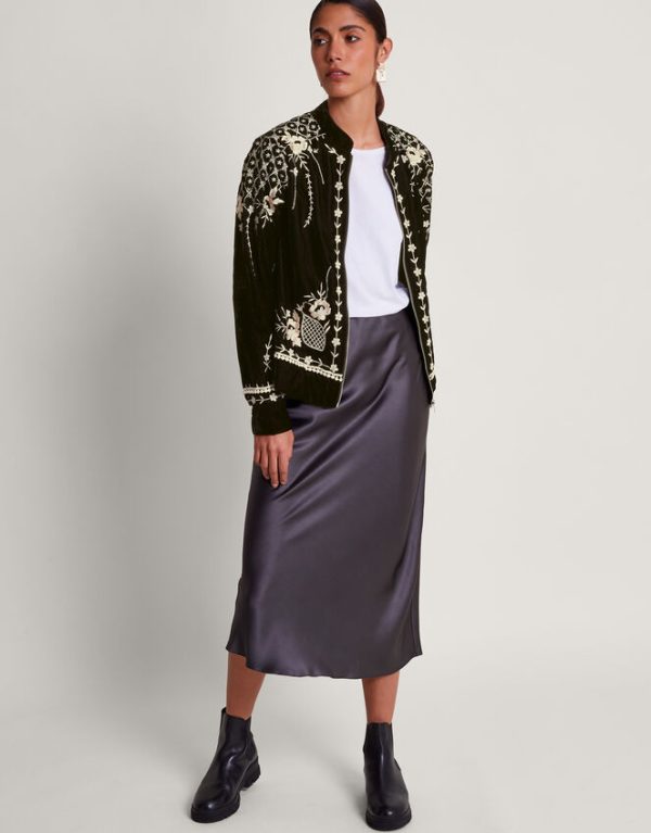 Monsoon Hadley Embroidered Velvet Bomber Jacket Black