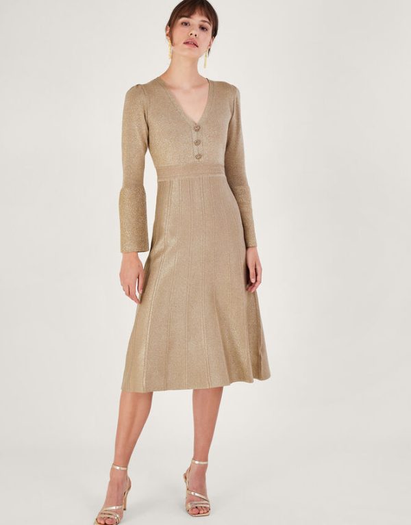 Monsoon Letty Metallic Dress Gold