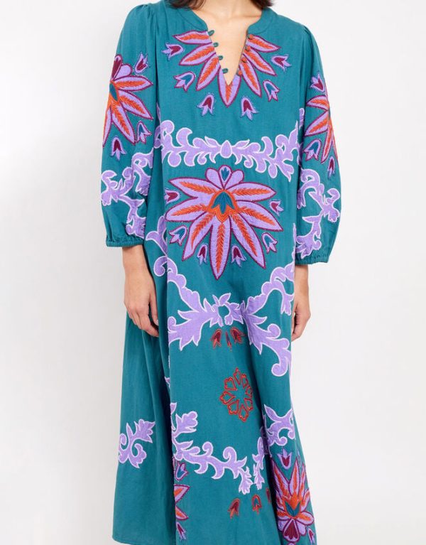 Monsoon East Taylor Embroidered Dress Teal - Image 2