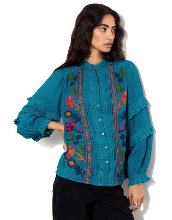 Monsoon East Embroidered Ruffle Sleeve Blouse Green - Image 2