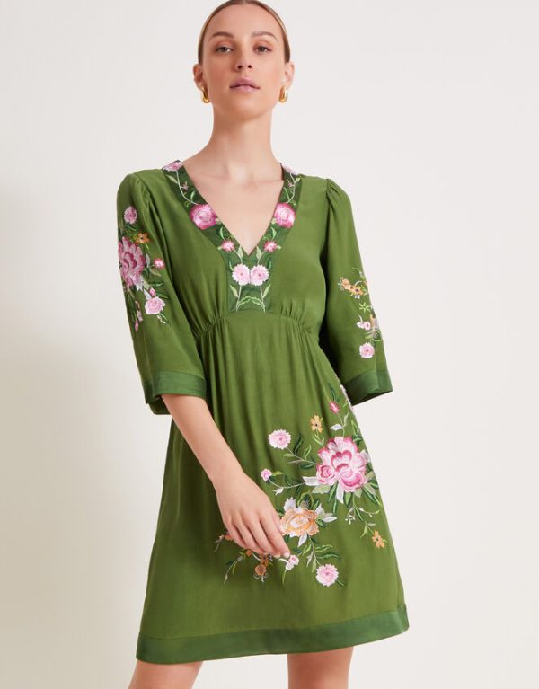 Monsoon Alice Embroidered Short Dress Green - Image 2