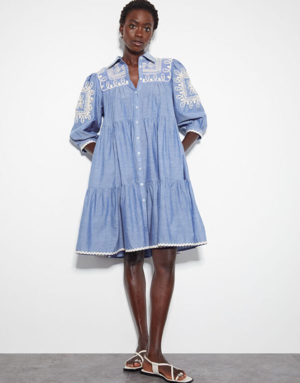 Monsoon Damia Embroidered Chambray Mini Shirt Dress Blue - Image 2