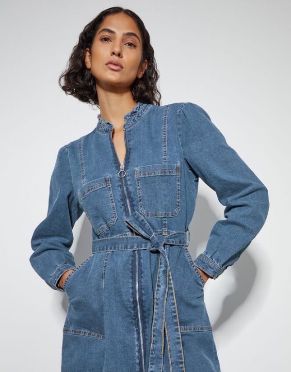 Monsoon Izzy Long Sleeve Denim Zip Midi Dress Blue - Image 2