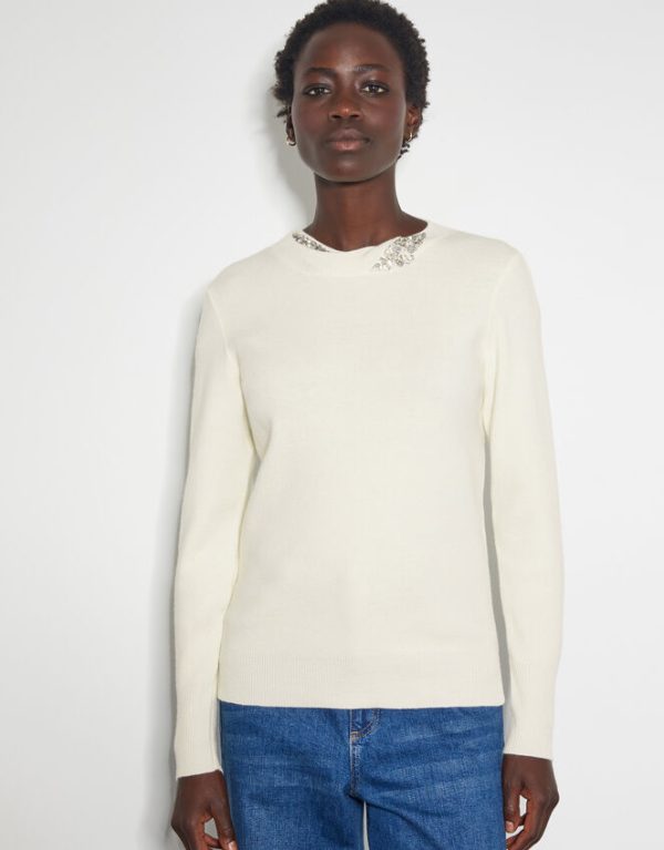 Monsoon Eva Embellished Neck Jumper Ivory - Image 2