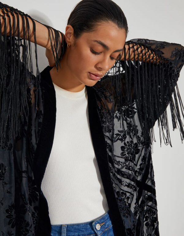 Monsoon Darcy Fringe Floral Devore Kimono Black - Image 2