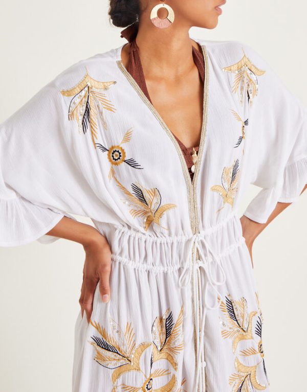 Monsoon Jasmine Embroidered Kaftan Maxi Dress White - Image 2