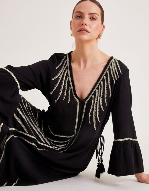 Monsoon Cali Embroidered Leaf Kaftan Dress Black - Image 3