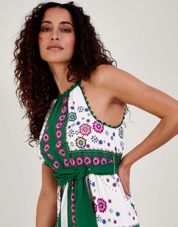 Monsoon Scarf Print Halter Midi Dress Green - Image 2