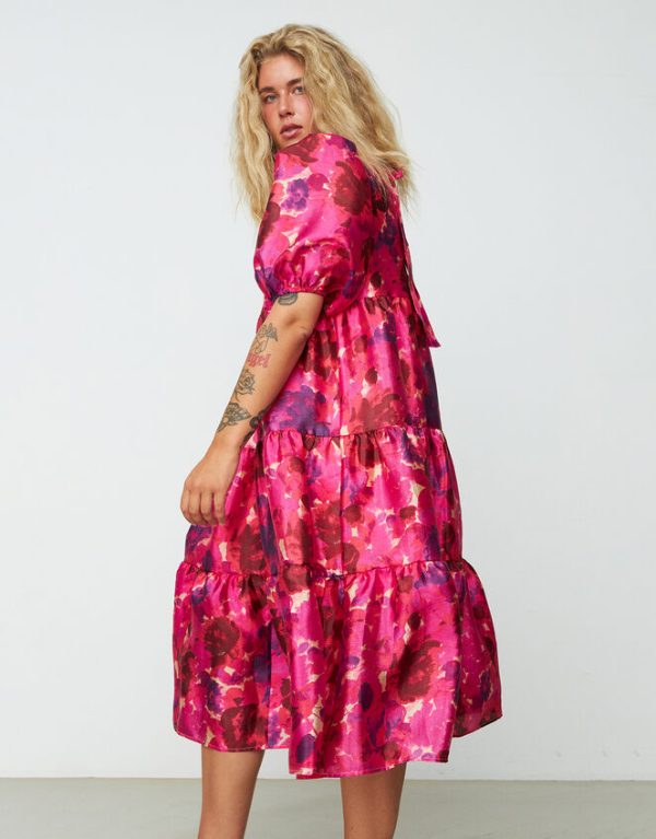 Monsoon Crās Puff Sleeve Floral Tiered Midi Dress Pink - Image 3