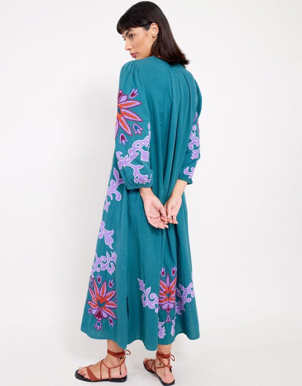 Monsoon East Taylor Embroidered Dress Teal - Image 3