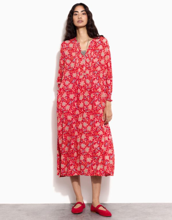 Monsoon East Pleat Floral Midi Dress Red - Image 3