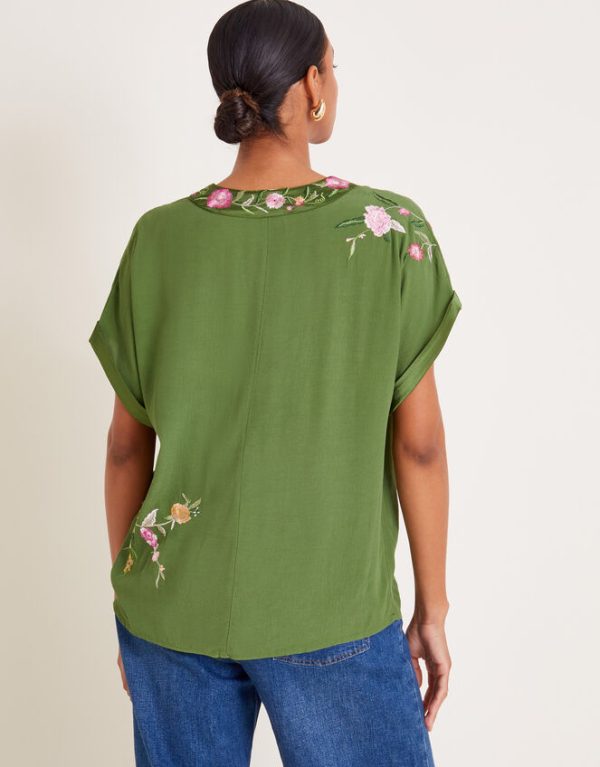 Monsoon Alice Floral Embroidered V-Neck Blouse Green - Image 3