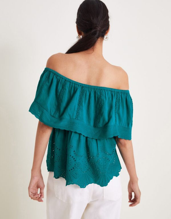 Monsoon Cleo Broderie Bardot Top Teal - Image 3