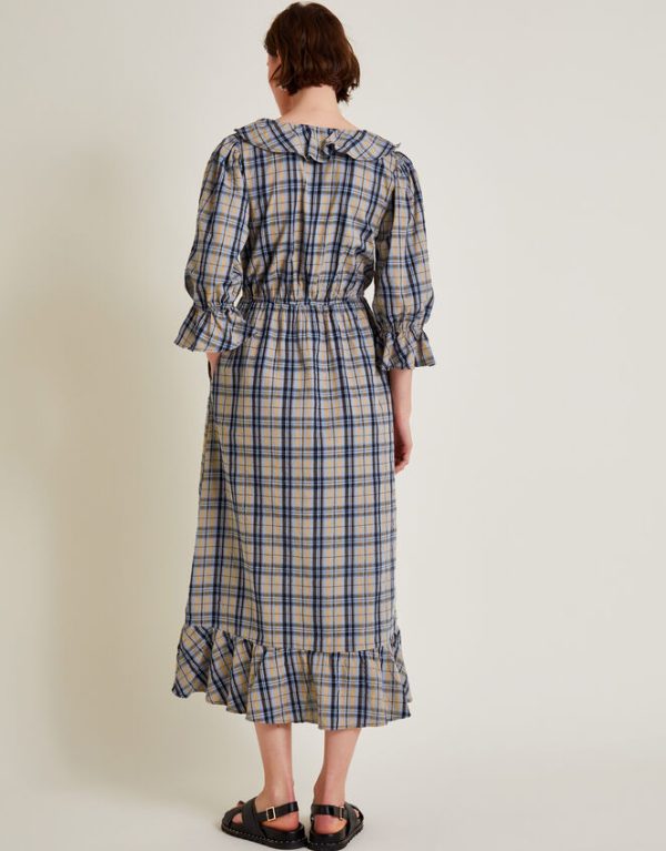 Monsoon Daisy Check V-Neck Midi Dress Natural - Image 3